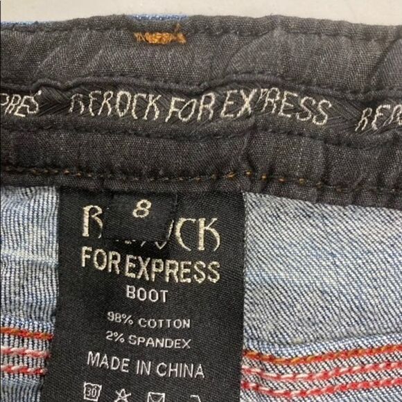 REROCK FOR EXPRESS, BootCut Size 8, Jeans Embroidered, pockets, distressed. - Picture 9 of 14